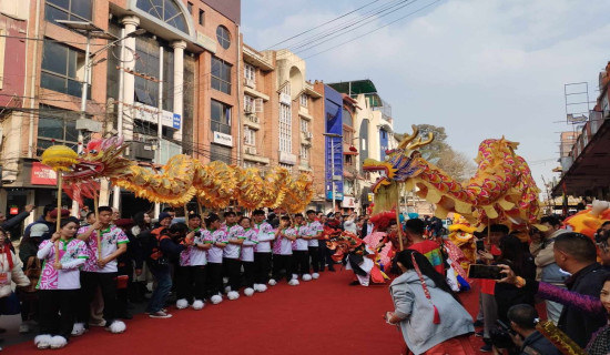 Dragon and lion dance show in Kathmandu on eve of Chinese New Year