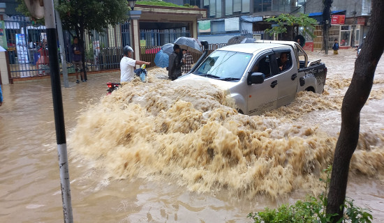 Struggling to cross inundated road