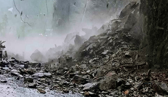 Dry landslide damages eight containers near Tatopani in Rasuwa