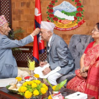 Tourists elated to receive Dashain tika in Bandipur