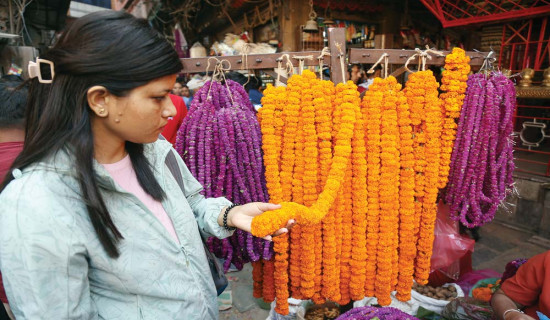 Flower garlands decorate Kathmandu Valley