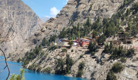 Monastery stands tall at shore of Shey Phoksundo Lake