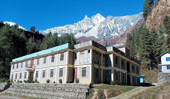 View of school and mountains of Mustang