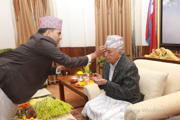 President Paudel receives Dashain tika