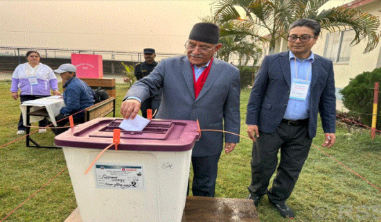 Coordinator Dahal casts his vote at Nepal Police School Polling Centre, Chitwan