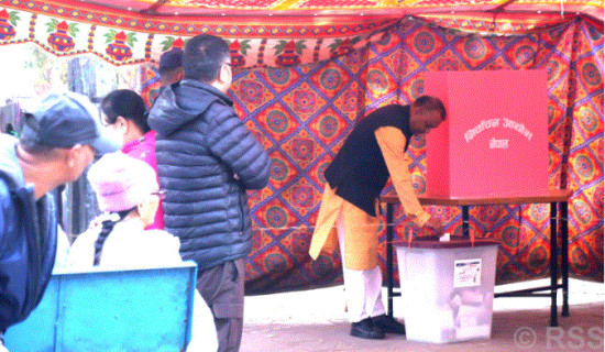 NC President Thapa casts his vote at Mayurkunda Polling Centre at Maitidevi