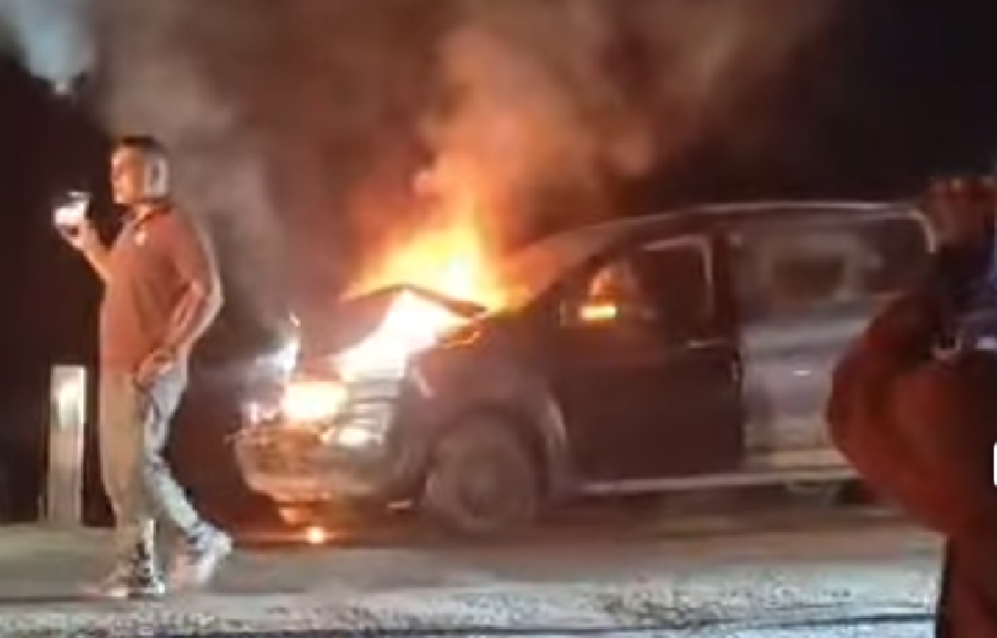 Car catches fire after colliding with bus and pickup in Sarlahi