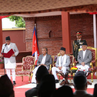 President offers tika and jamara to PM Oli among distinguished persons